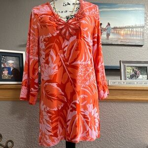 Soft Surroundings tunic w Beaded V-neck, long sleeve shirt peach/light orange.